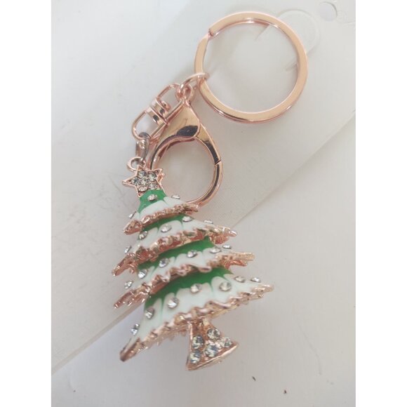 Rhinestone & Gold Tone Christmas Tree Key Chain Hand Painted 2" x 1 3/8" - Picture 10 of 10